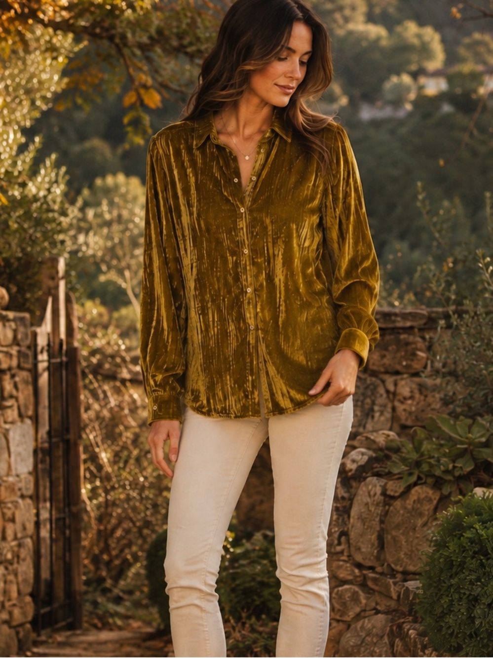 Staccato Mustard Olive Crushed Velvet Button Down Blouse Top Size M